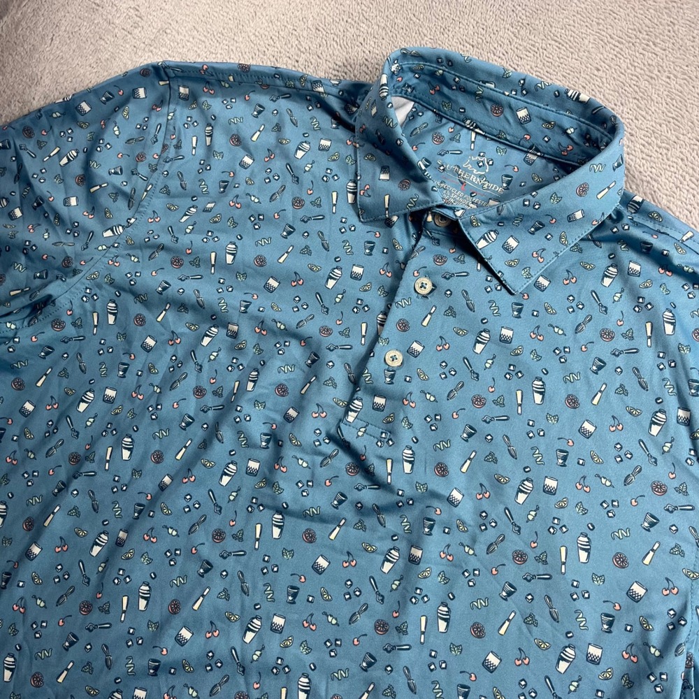 Southern Tide Mens Blue Cocktail Print Performance Polo Shirt Large Longboat Key